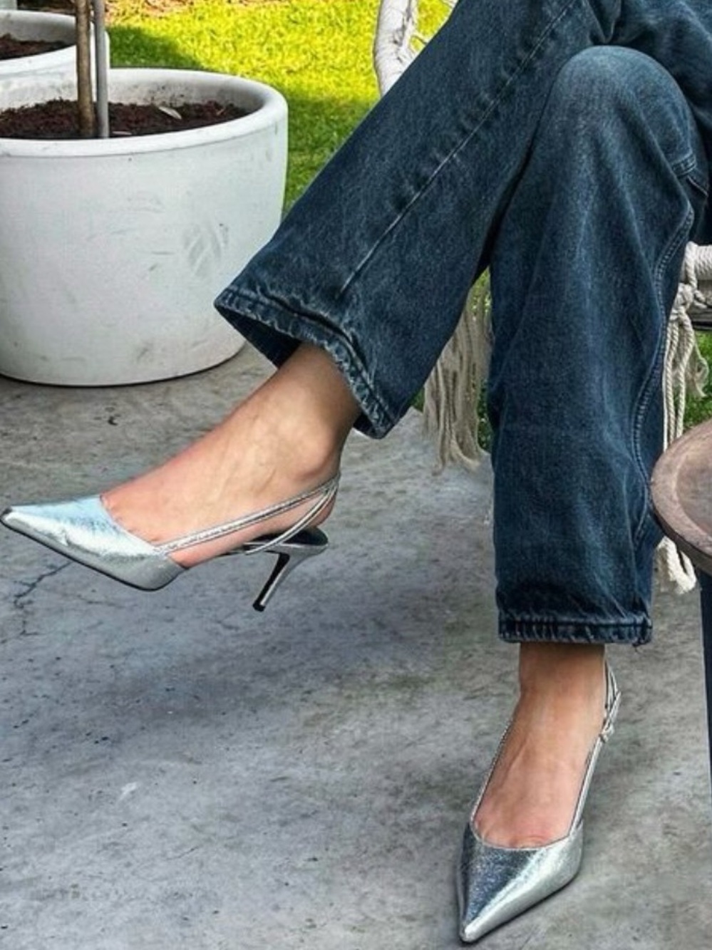 Metallic Silver Pointed-Toe Slingback Heels